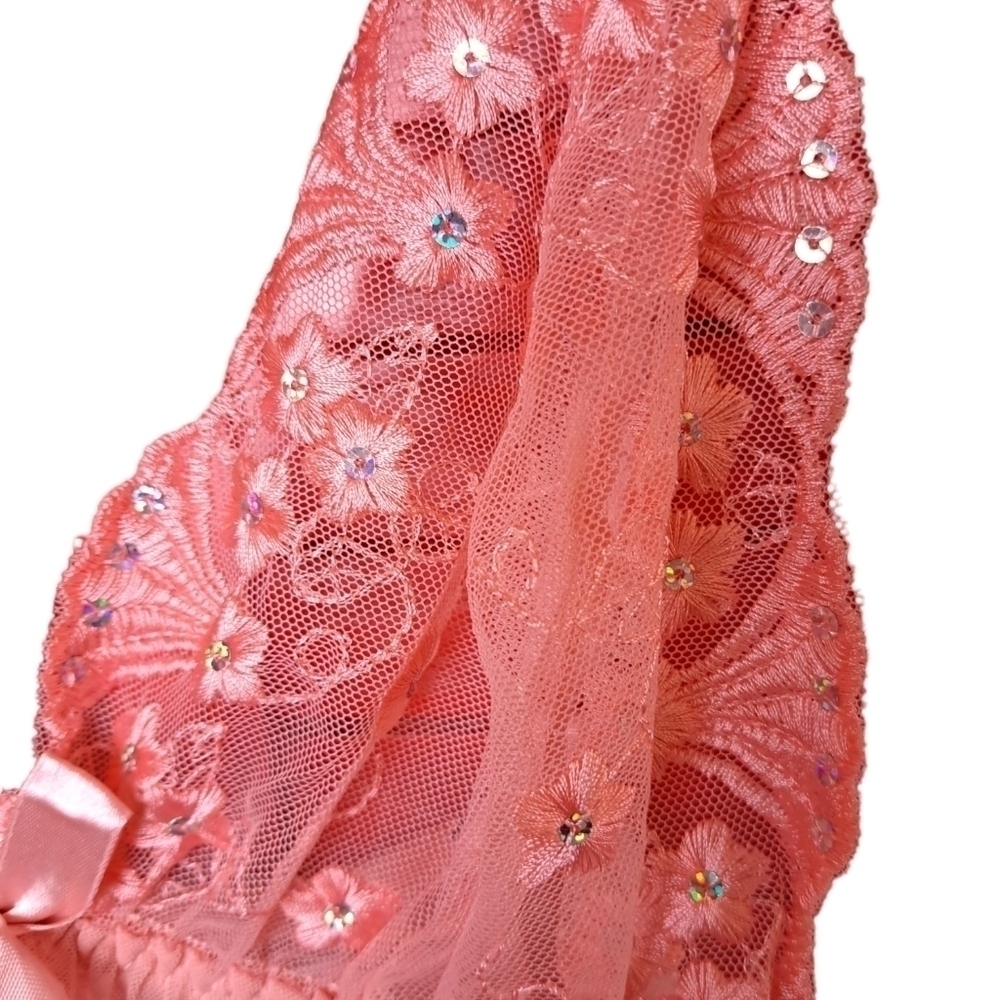 Spree intimates 2x NWT peach negligee w matching thong lacy satin sequins - Picture 3 of 7